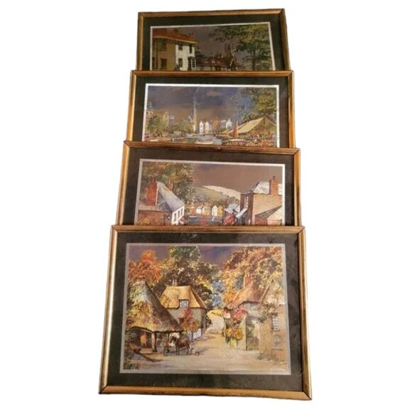 Vintage Oil Foil Paintings Set of 4 Signed "Bert Pugh"  Framed Street Scenes - Picture 1 of 12